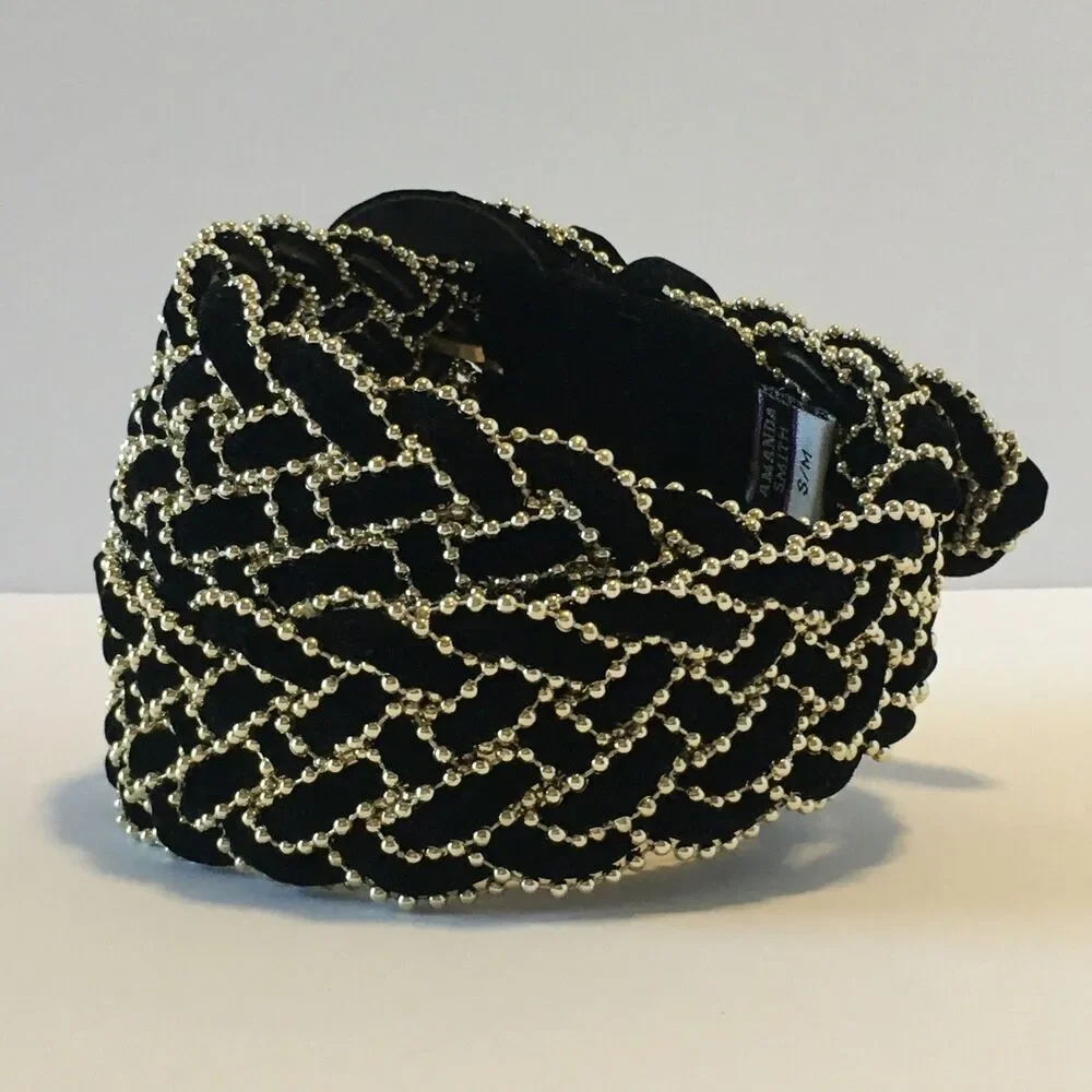 Vintage Amanda Smith Womens Belt Black Felt and Thin Gold Beading Woven Size S/M
